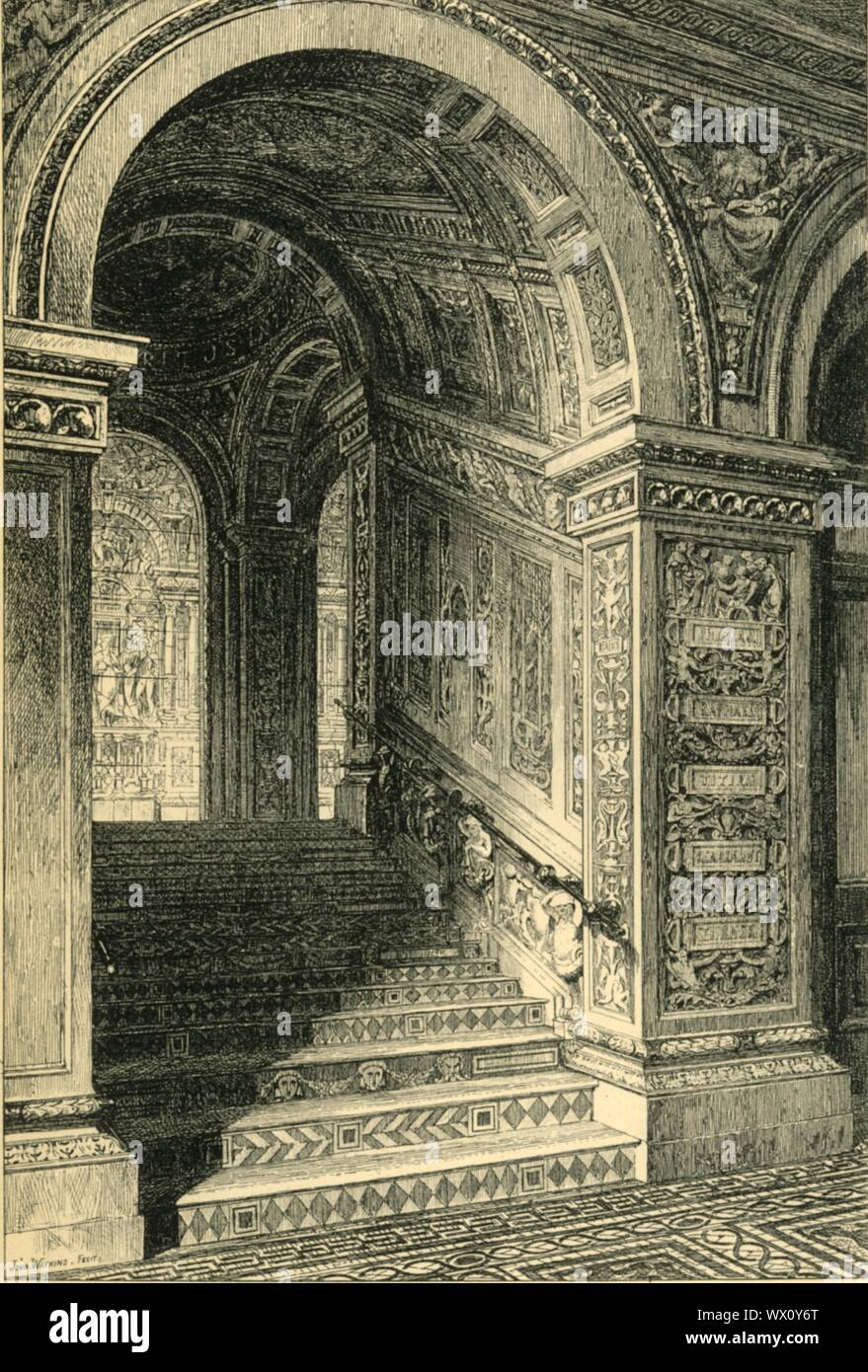 'West Staircase, Leading to the Ceramic Gallery', c1876, (1881). The West Staircase in the South Kensington Museum, decorated with Frank Moody's ceramic tile mosaic pavement, with majolica panels on the walls. Five panels on the right bear the inscriptions 'PHIDIAS', 'RAPHAEL', 'TITIAN', 'REMBRANDT' and 'TURNER'. The Della Robbia ware, a modern version of a Renaissance technique, was produced by the English ceramic company Minton, Hollins &amp; Co. From &quot;The South Kensington Museum&quot;, a book of engraved illustrations, with descriptions, of the works of art in the collection of the Vic Stock Photo
