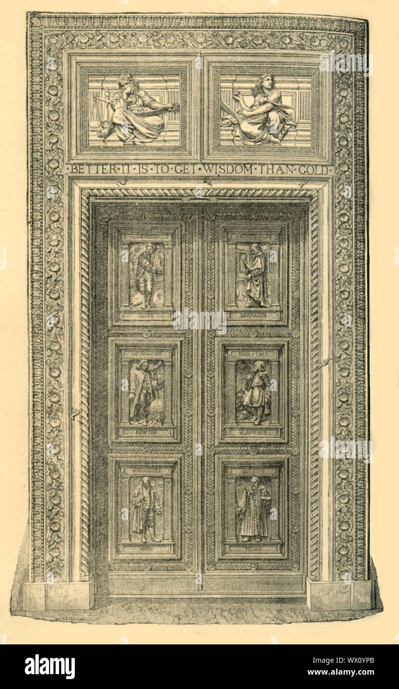 'Central Door, South Kensington Museum', c1860s, (1881). Original bronze front entrance doors to the South Kensington Museum, (later renamed the Victoria &amp; Albert Museum), in London. Above, in the carved stone frame, is the maxim 'Better is it to get wisdom than gold', an allusion to one of the Museum's principle aims: education. The left door shows three figures from the history of science: Humphry Davy, Isaac Newton and James Watt, and on the right are three from the arts: Bramante, Michelangelo and Titian. The doors were modelled by James Gamble and Reuben Townroe, based on designs by G Stock Photo
