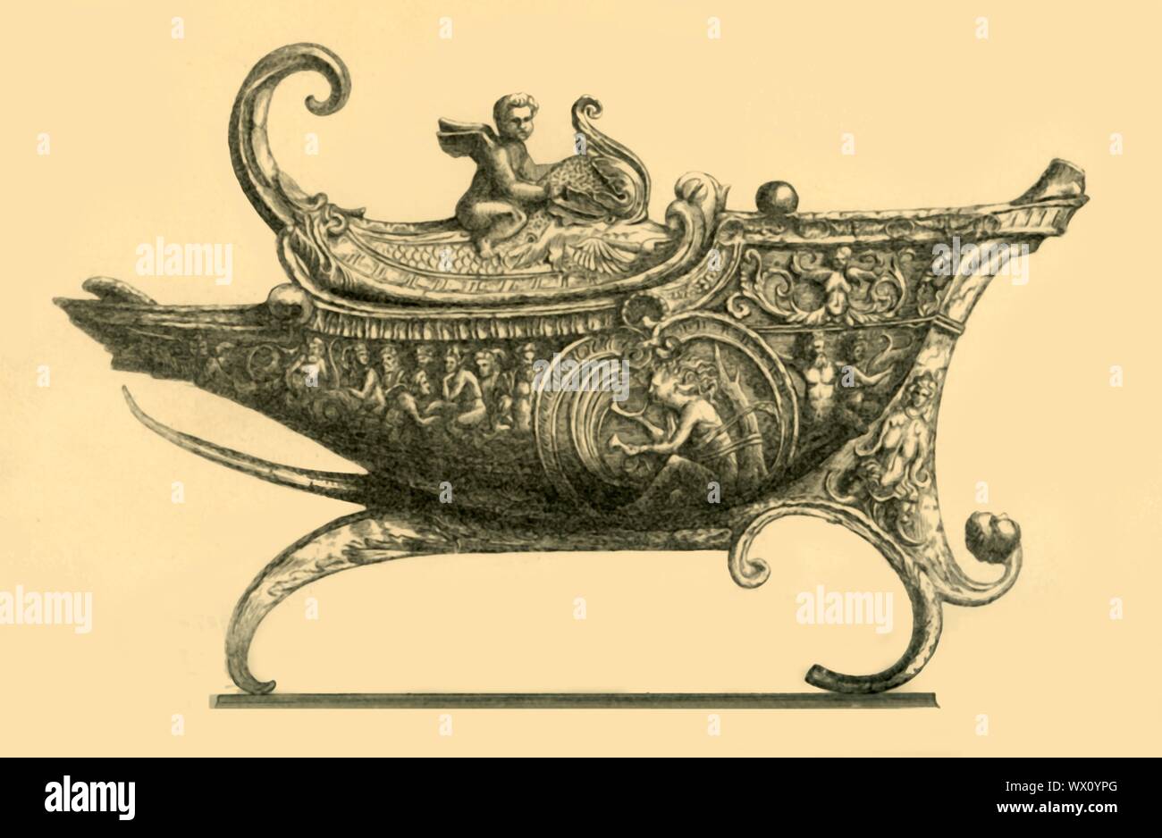 The Cadogan Lamp, c1507-1510, (1881). Etching of a bronze oil lamp made in the early 16th century in Padua, Italy, by Andrea Riccio, and acquired at the Cadogan sale in 1865. The lamp is in the form of an ancient galley or fantastical ship, with a statuette of a cupid riding a dolphin in the cover. On the side is a youth blowing a horn into a billowing sail, representing the motto 'make haste slowly'. From &quot;The South Kensington Museum&quot;, a book of engraved illustrations, with descriptions, of the works of art in the collection of the Victoria &amp; Albert Museum in London (formerly kn Stock Photo