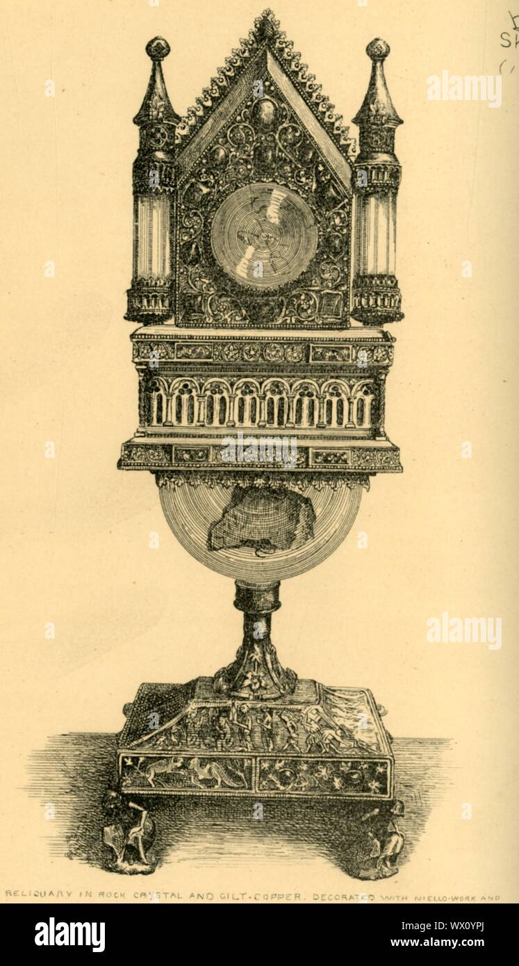 Reliquary, early 13th century, (1881). Etching of a silver-gilt and rock crystal reliquary made in France by Hugo d'Oignies, a lay brother at Oignies Priory. The front is enriched with filigree-work set with coloured pastes. The copper gilt foot, dating from the late 13th century, was attached more recently. From &quot;The South Kensington Museum&quot;, a book of engraved illustrations, with descriptions, of the works of art in the collection of the Victoria &amp; Albert Museum in London (formerly known as the South Kensington Museum). [Sampson Low, Marston, Searle and Rivington, London, 1881] Stock Photo