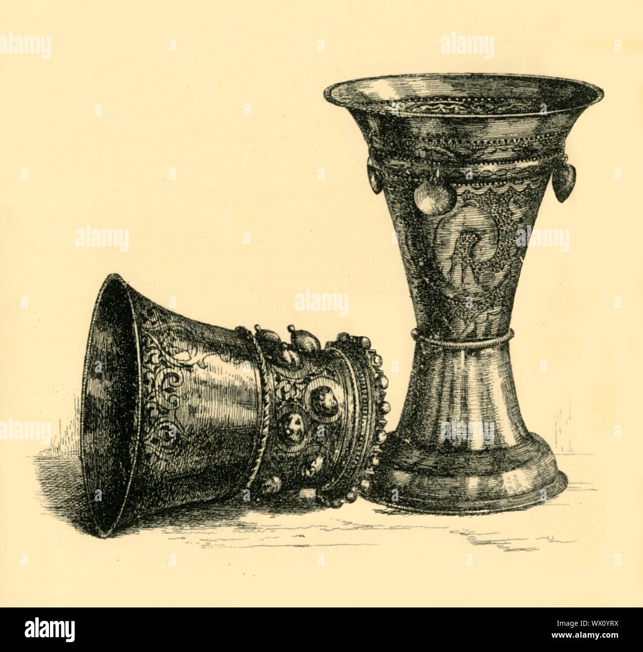 Two silver cups, 17th century?, (1881). Etching of two silver-gilt drinking cups or beakers. The one on the left was made c1600 in Wesel in the German Rhineland. The inspiration for the shape is a 16th-century glass drinking vessel called a 'romer'.  The raised knobs (called 'prunts') on the lower half mimic the decoration which forms naturally in the handling molten glass. From &quot;The South Kensington Museum&quot;, a book of engraved illustrations, with descriptions, of the works of art in the collection of the Victoria &amp; Albert Museum in London (formerly known as the South Kensington Stock Photo