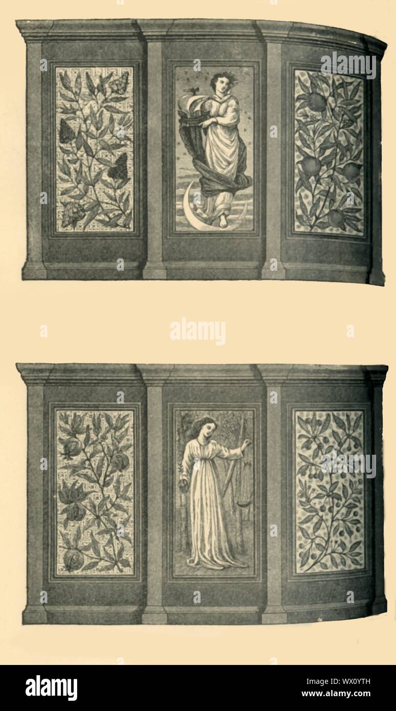 'Decorations of the West Dining-Room, South Kensington Museum', c1865, (1881). Design for panels, depicting female figures and decorative foliage. In the 1860s, museum director Henry Cole hired William Morris to design the 'Western' or 'Green' Dining Room (now the Morris Room) when the young designer was 31 and his firm, Morris, Marshall, Faulkner &amp; Co., was relatively unknown. Morris suggested a scheme influenced by Gothic Revival features and Elizabethan-style panelling, and enlisted the help of his friend, painter Edward Burne-Jones, who used the signs of the zodiac for inspiration - th Stock Photo