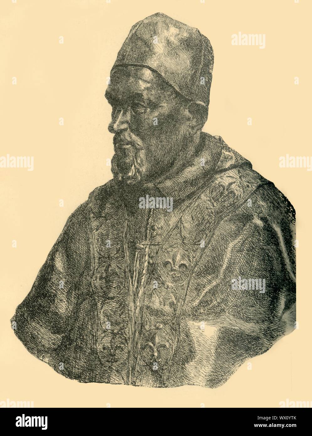 Bust of Pope Innocent X, c1690, (1881). Etching of a bronze portrait bust of Giambattista Pamphili, Innocent X (1574-1655), made posthumously by Domenico Guidi in Rome. The sculpture is based on an earlier terracotta model of 1650 by Alessandro Algardi, who was Guidi's master. From &quot;The South Kensington Museum&quot;, a book of engraved illustrations, with descriptions, of the works of art in the collection of the Victoria &amp; Albert Museum in London (formerly known as the South Kensington Museum). [Sampson Low, Marston, Searle and Rivington, London, 1881] Stock Photo