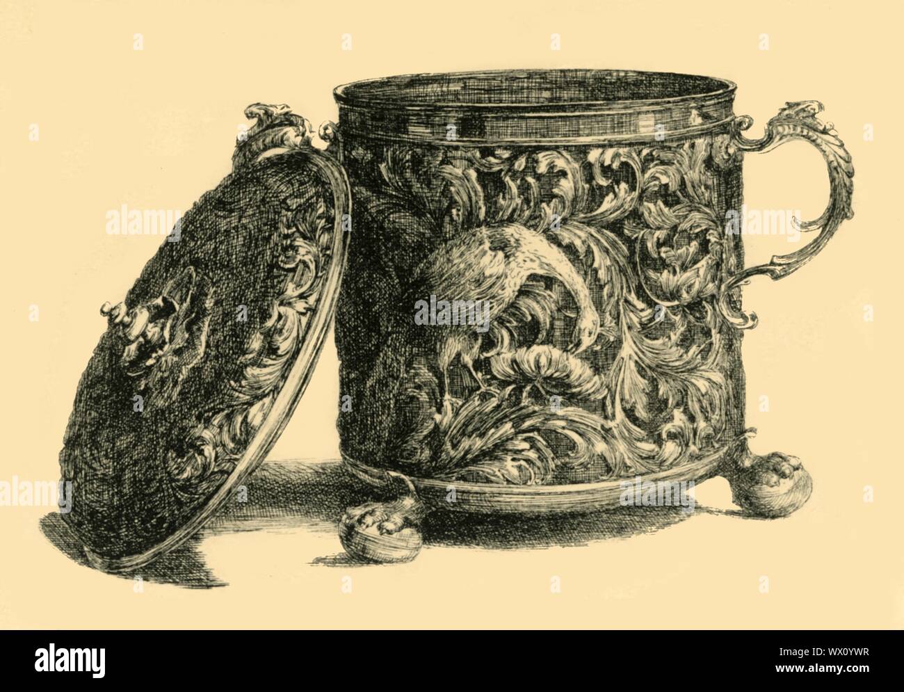 Silver gilt cup and cover, 1669-1670, (1881). Etching of a two-handled cagework presentation cup, made in London in the late 17th century, possibly from the workshop of the Dutch goldsmith Christian van Vianen or his partner Gerard Cooqus, silversmith to King Charles II. It is decorated with stylised foliage and a bird - possibly a peacock - and is supported on clawed feet. From &quot;The South Kensington Museum&quot;, a book of engraved illustrations, with descriptions, of the works of art in the collection of the Victoria &amp; Albert Museum in London (formerly known as the South Kensington Stock Photo