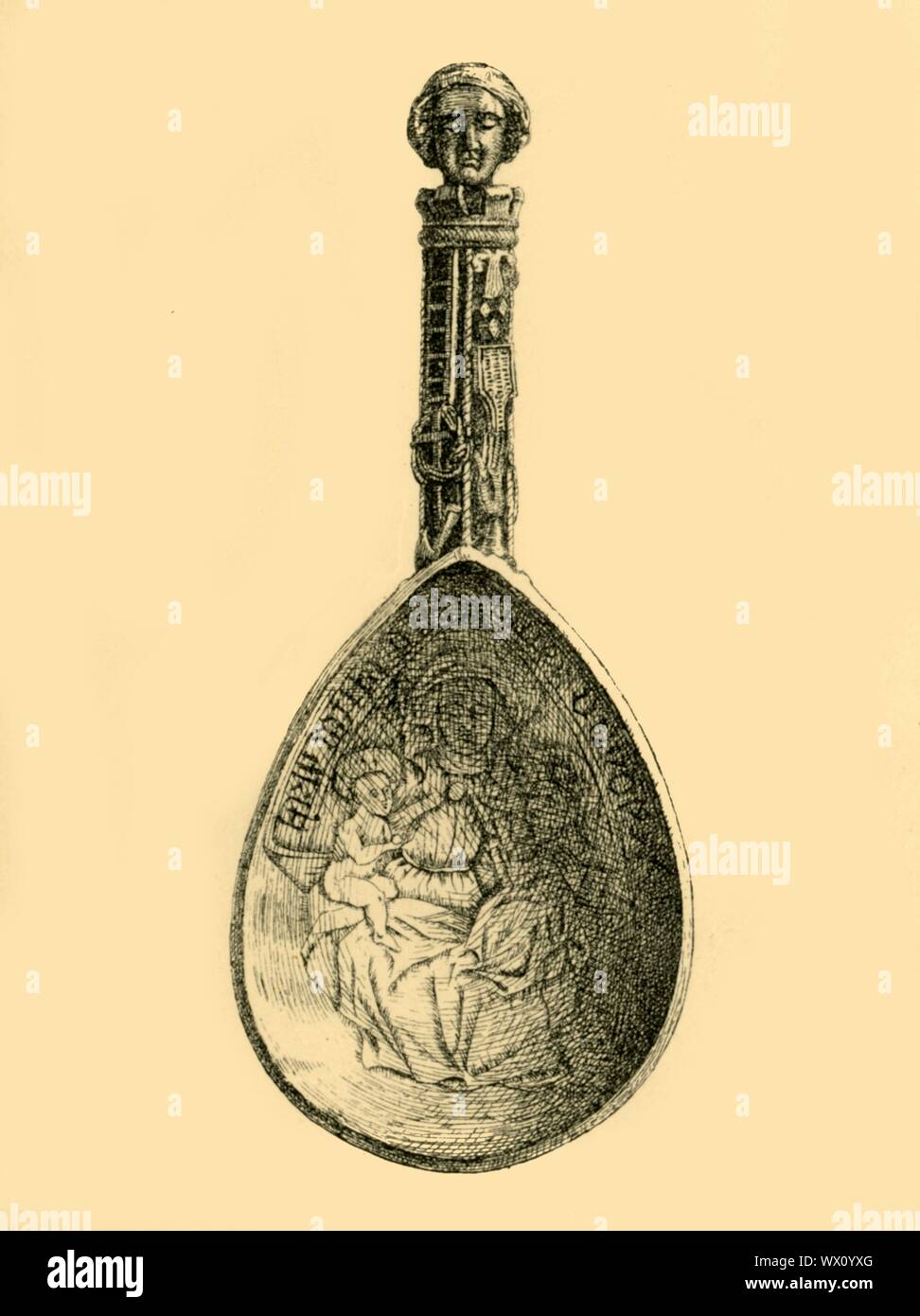 Silver gilt spoon, late 15th century, (1881). Etching of a short-handled spoon made in Denmark, engraved on the bowl with the figures of St Anne, the Virgin Mary and the infant Christ. (The back is inset with an animal tooth, probably intended to be a charm against disease and misfortune). From &quot;The South Kensington Museum&quot;, a book of engraved illustrations, with descriptions, of the works of art in the collection of the Victoria &amp; Albert Museum in London (formerly known as the South Kensington Museum). [Sampson Low, Marston, Searle and Rivington, London, 1881] Stock Photo