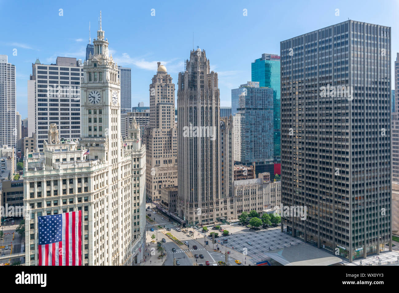 View of Wrigley Building from rooftop terrace, Downtown Chicago