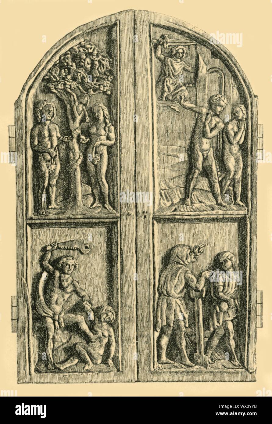 Wooden diptych with scenes from the Book of Genesis, mid 19th century, (1881). Etching of a carved and glazed diptych of boxwood and oak, made in Germany before 1860. The closed wings depict four subjects from the Fall based on engravings by the 15th-century printmaker Martin Schongauer: The Temptation of Adam and Eve, The expulsion from Paradise, The killing of Abel, and Cain is made a fugitive. From &quot;The South Kensington Museum&quot;, a book of engraved illustrations, with descriptions, of the works of art in the collection of the Victoria &amp; Albert Museum in London (formerly known a Stock Photo