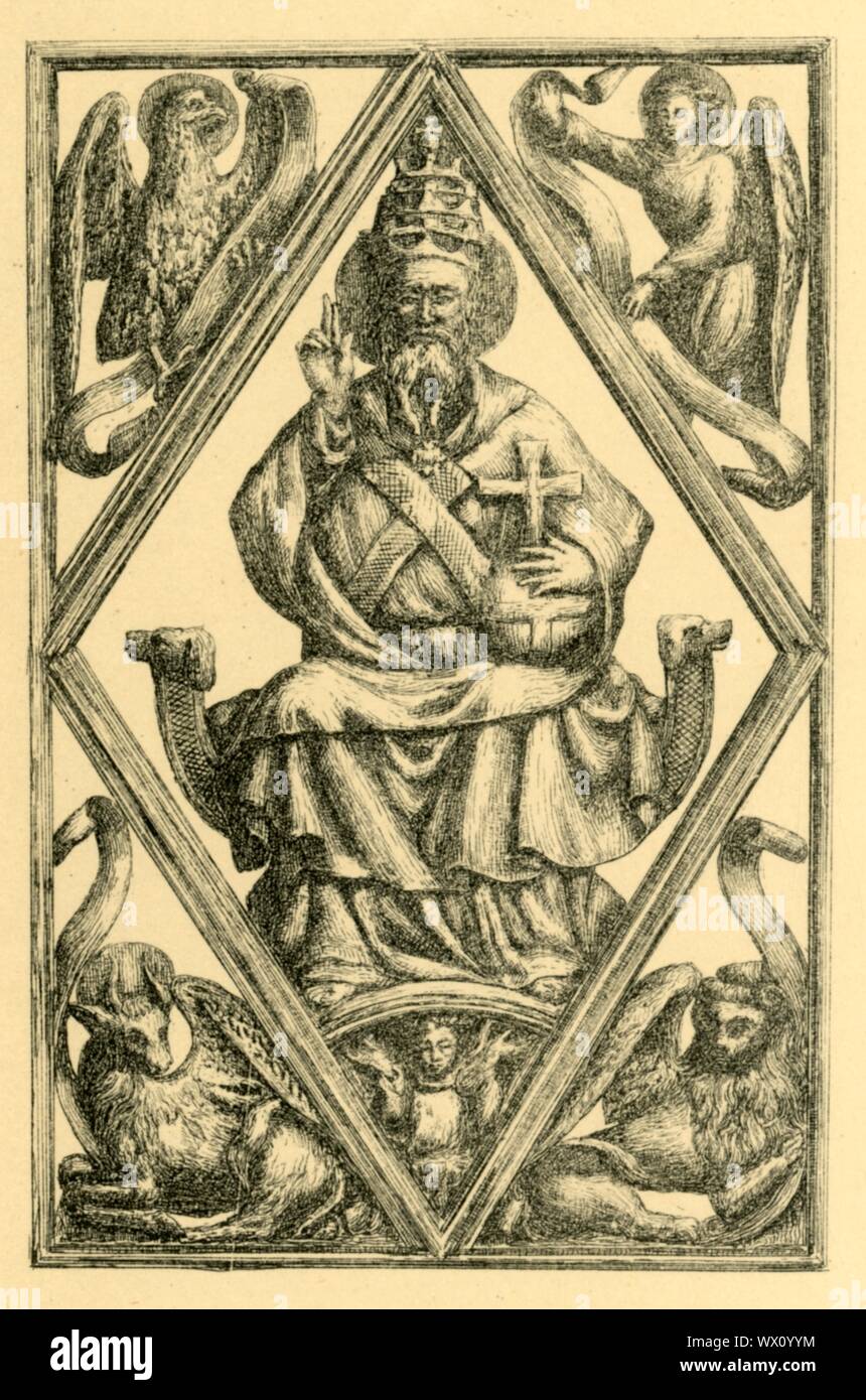 Ivory book cover depicting God the Father, early 15th century, (1881). Etching of the pierced relief cover of a book, made in Paris or Flanders. It shows God the Father enthroned within a diamond shape, wearing a papal tiara (triple crown), holding the orb with a cross in his left hand, and raising his right hand in benediction. In the corners are the symbols of the four Evangelists holding scrolls: the eagle, angel, bull and lion. From &quot;The South Kensington Museum&quot;, a book of engraved illustrations, with descriptions, of the works of art in the collection of the Victoria &amp; Alber Stock Photo