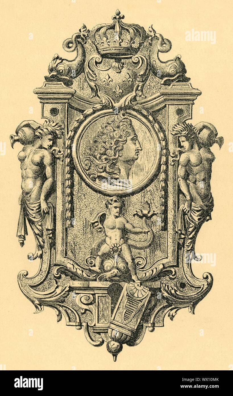 Steel key plate, early 18th century, (1881). Etching of a chiselled steel escutcheon from a casket, made in France. The plate bears a bust portrait of King Louis XIV, in profile, surmounted by a crown and coat of arms flanked by dolphins, with classical figures. The keyhole, at the bottom, can be hidden by a small movable cover. From &quot;The South Kensington Museum&quot;, a book of engraved illustrations, with descriptions, of the works of art in the collection of the Victoria &amp; Albert Museum in London (formerly known as the South Kensington Museum). [Sampson Low, Marston, Searle and Riv Stock Photo