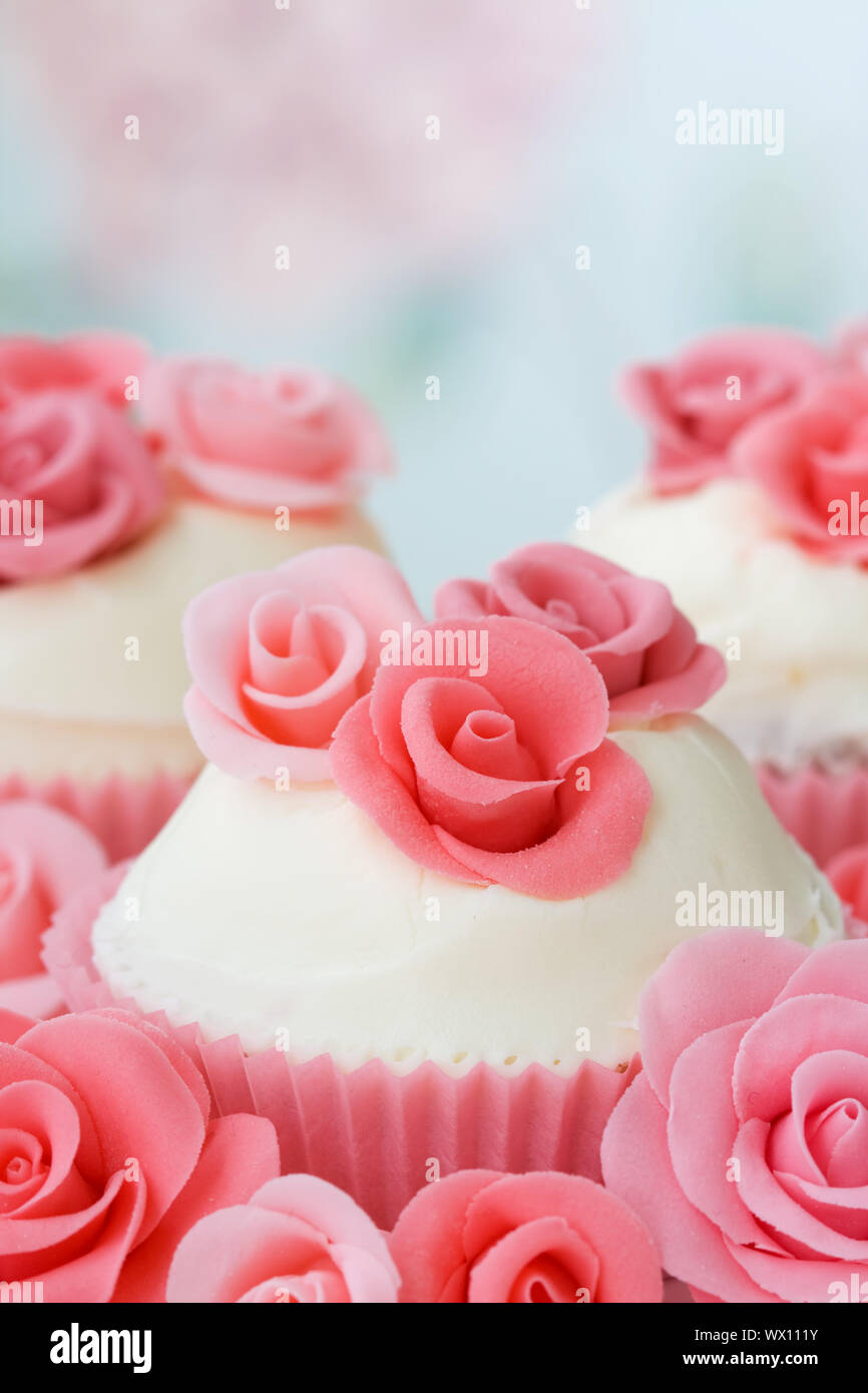 Cupcakes decorated with pink sugar roses Stock Photo