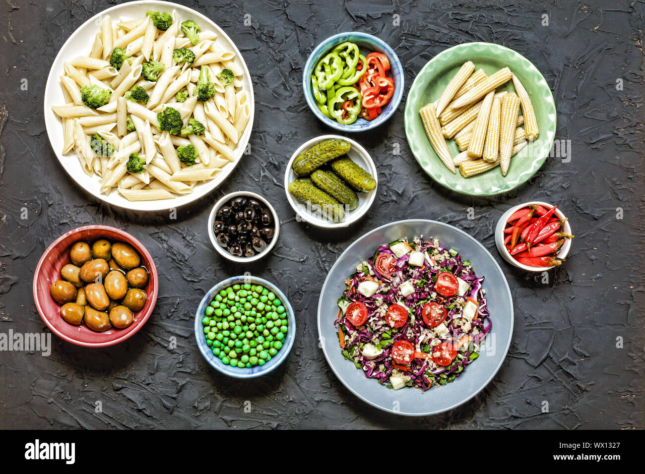 Detox, vegetarian food, broccoli, of Manicotti pasta, Penne pasta, quinoa salad, olives, Stock Photo