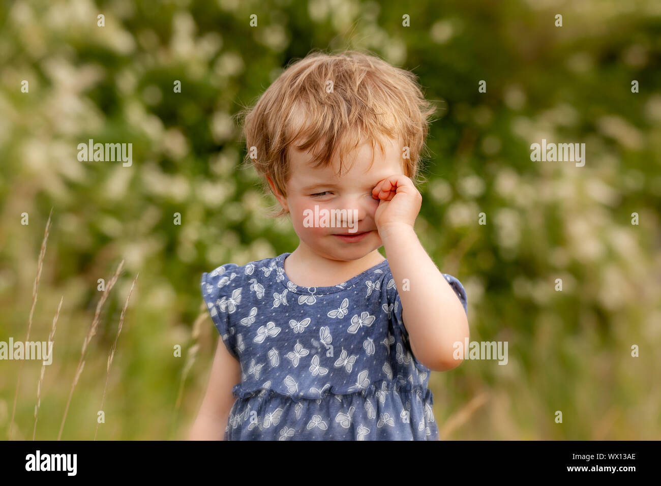 Tired child rubs his eyes Stock Photo