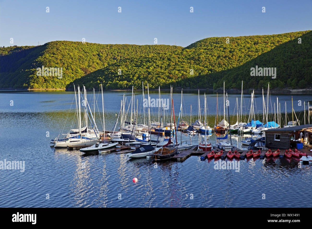 Rur Dam with boat landing stage, Heimbach, Eifel, North Rhine-Westphalia, Germany, Europe Stock Photo