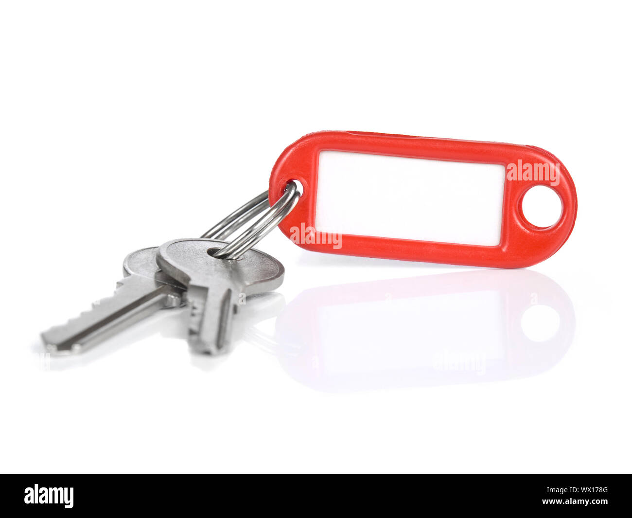 Two keys on a blank keyring with space for text, isolated on white. Stock Photo