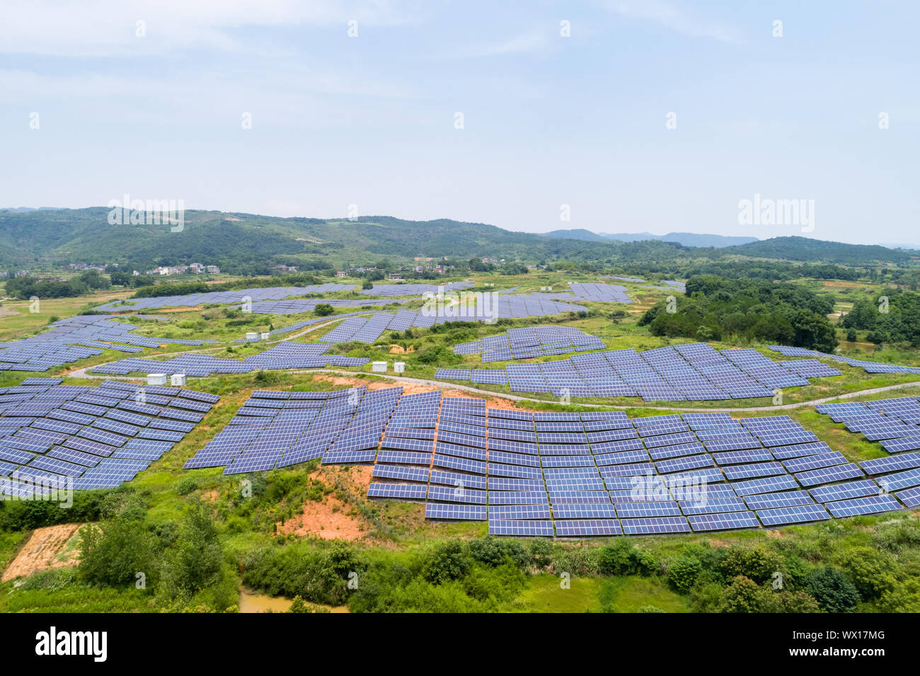 aerial view of hillside solar energy Stock Photo