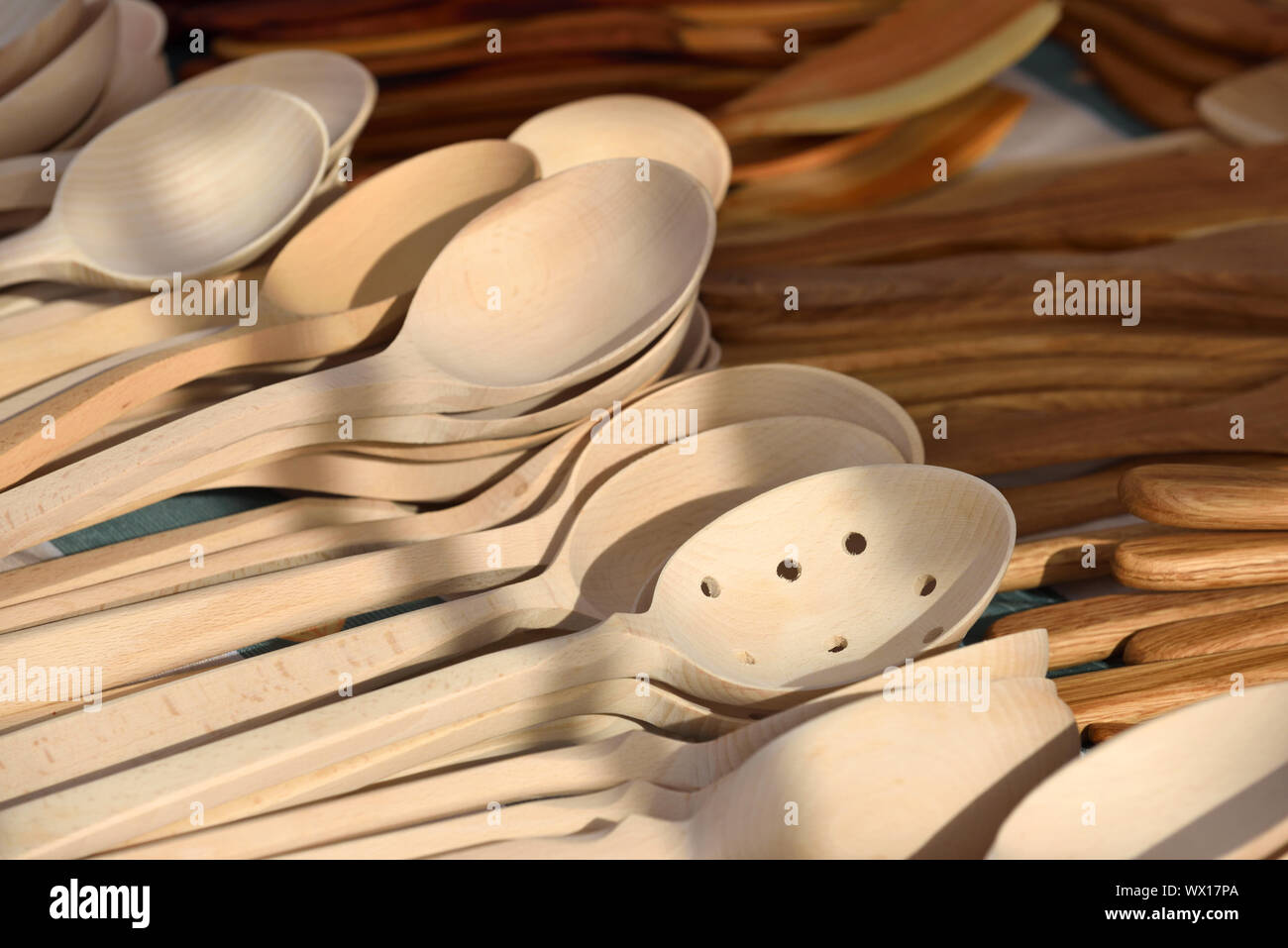 Assortment of wooden spoons in the handicraft fair Kaziukas, Vilnius