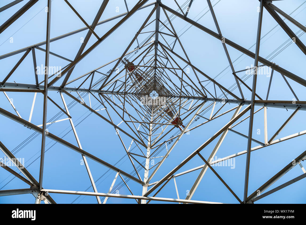 upward view of electricity pylon Stock Photo