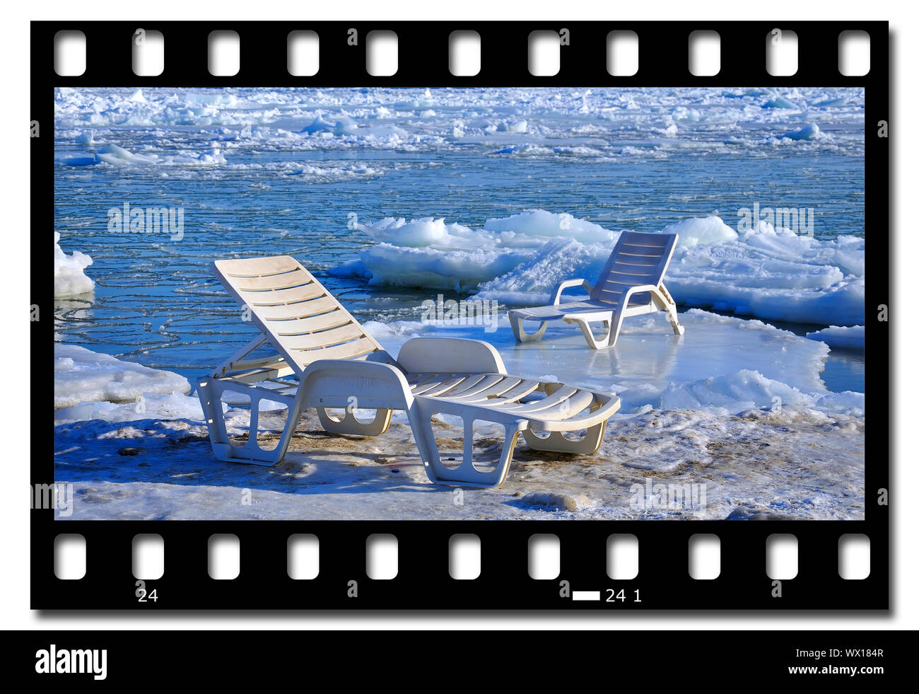chaise longue on the shore of a frozen sea Stock Photo