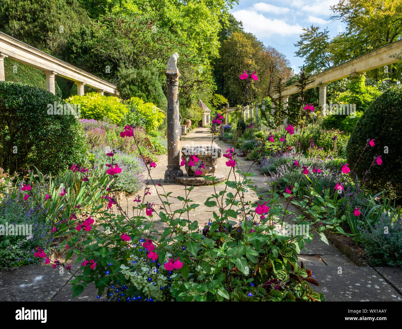 Upper terrace of the Peto garden at Iford Manor in the Frome valley Wiltshire in high summer Stock Photo