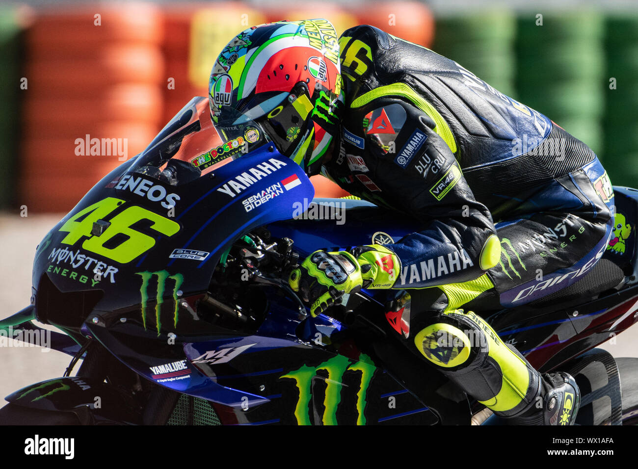 VALENTINO ROSSI, ITALIAN MOTOGP RIDER NUMBER 46 (WITH SPECIAL CELEBRATIVE HELMET FOR MISANO) FOR YAMAHA MONSTER TEAM  during Saturday Free Practice & Stock Photo