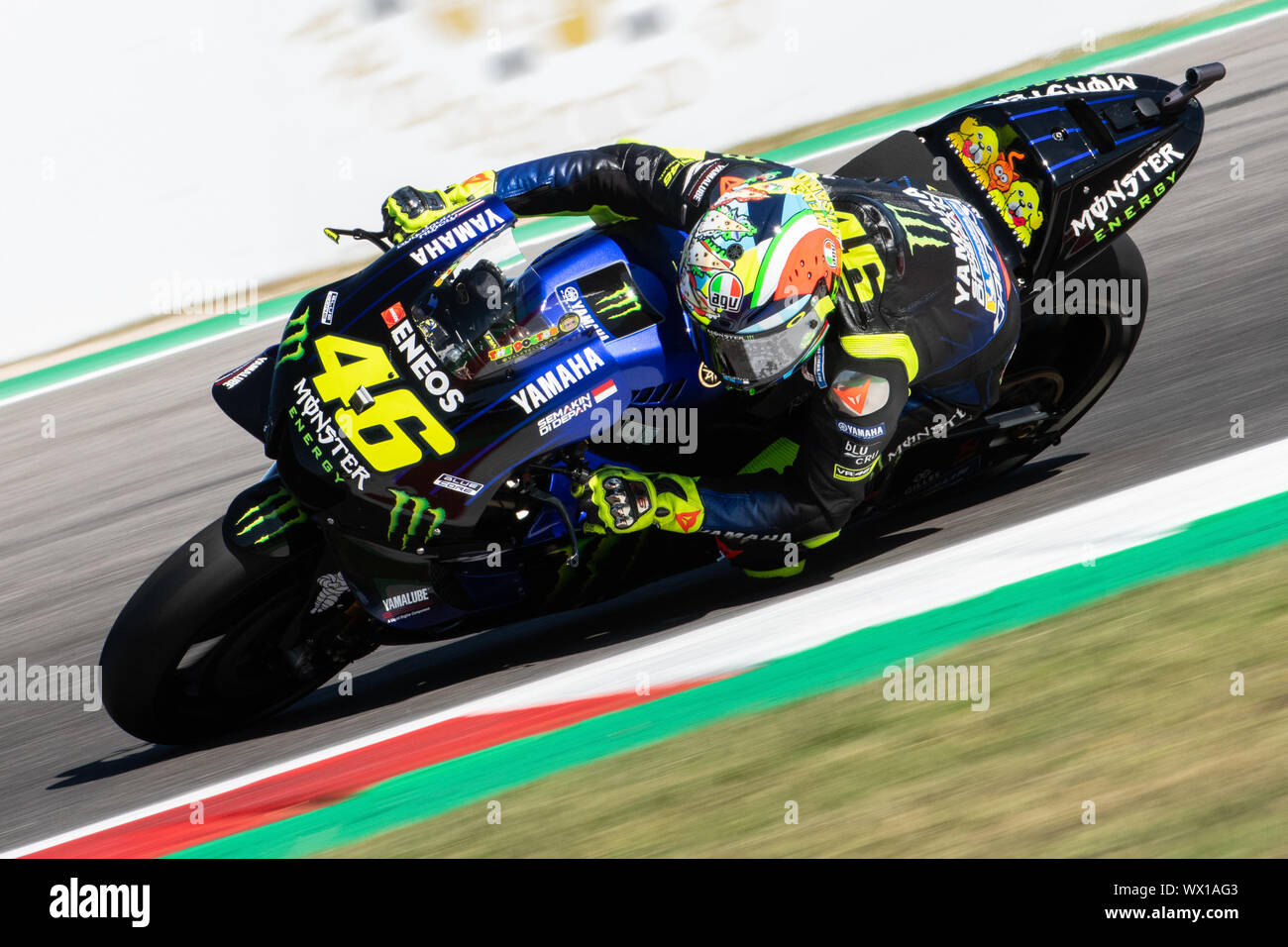 VALENTINO ROSSI, ITALIAN MOTOGP RIDER NUMBER 46 (WITH SPECIAL CELEBRATIVE HELMET FOR MISANO) FOR YAMAHA MONSTER TEAM  during Saturday Free Practice & Stock Photo