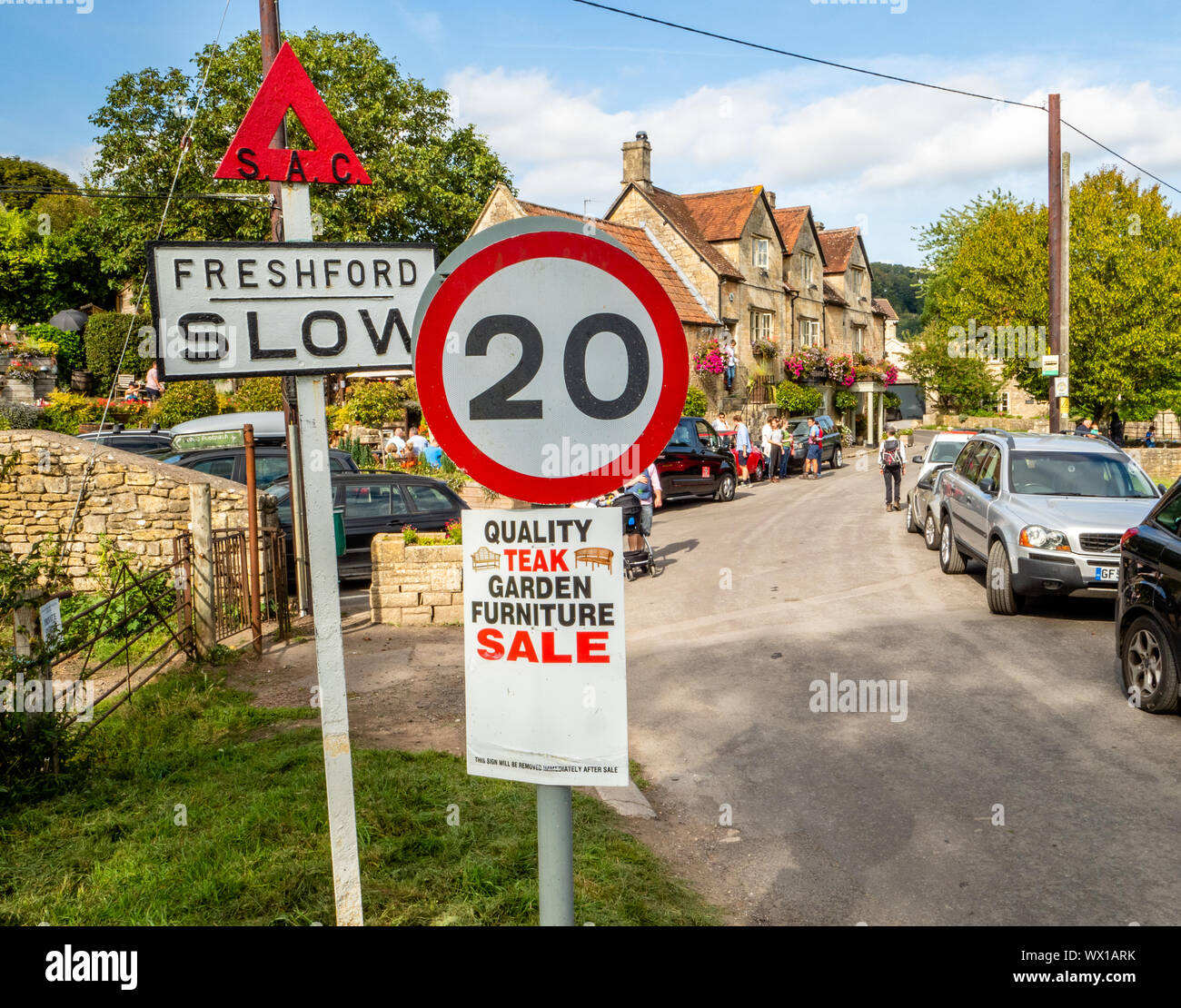 Road signns at the approach  to Freshford village in Somerset UK with its popular riverside pub The Inn Stock Photo