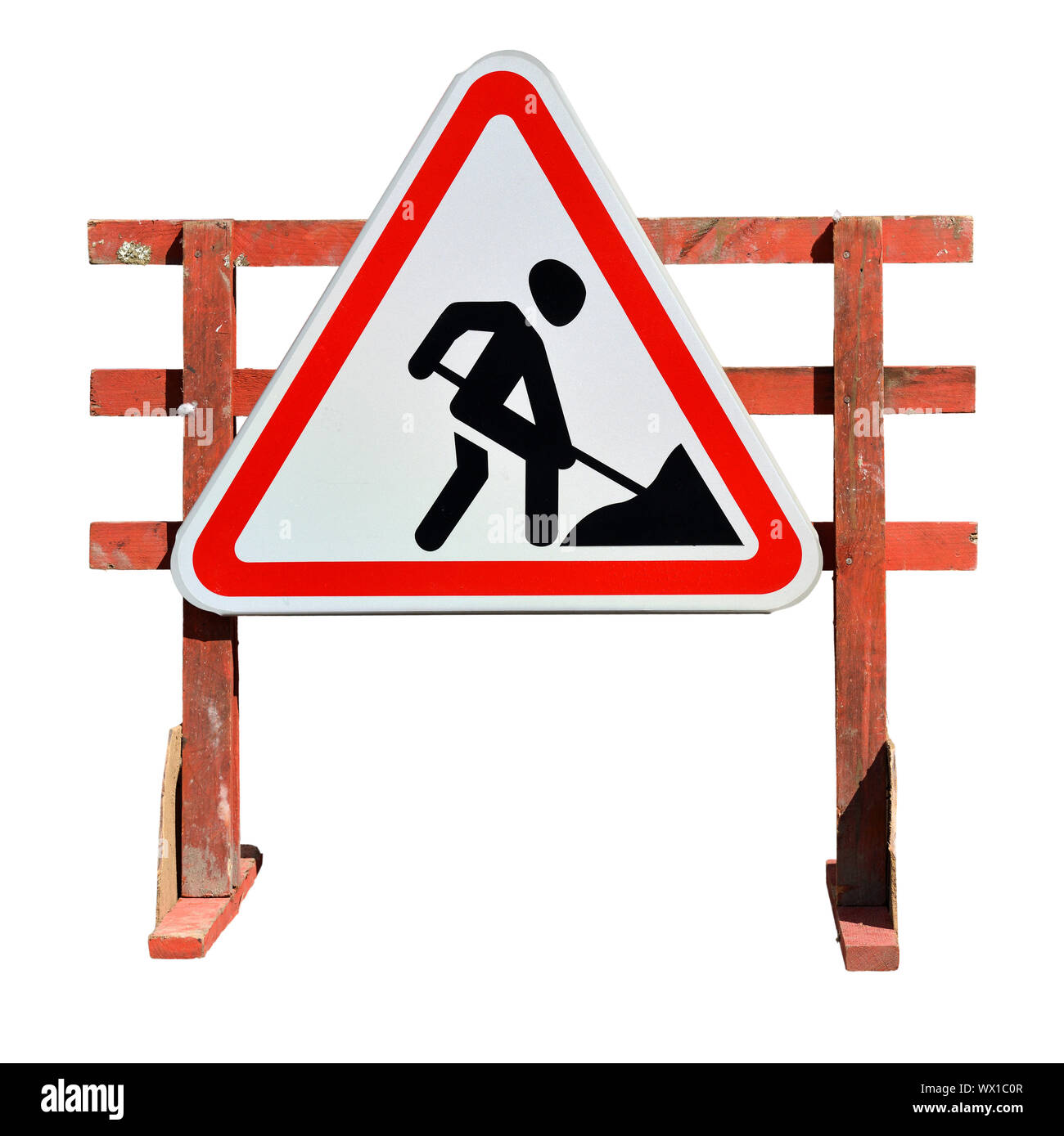 Work in progress. Roadworks, road signs. Men at work. Against white background. Stock Photo