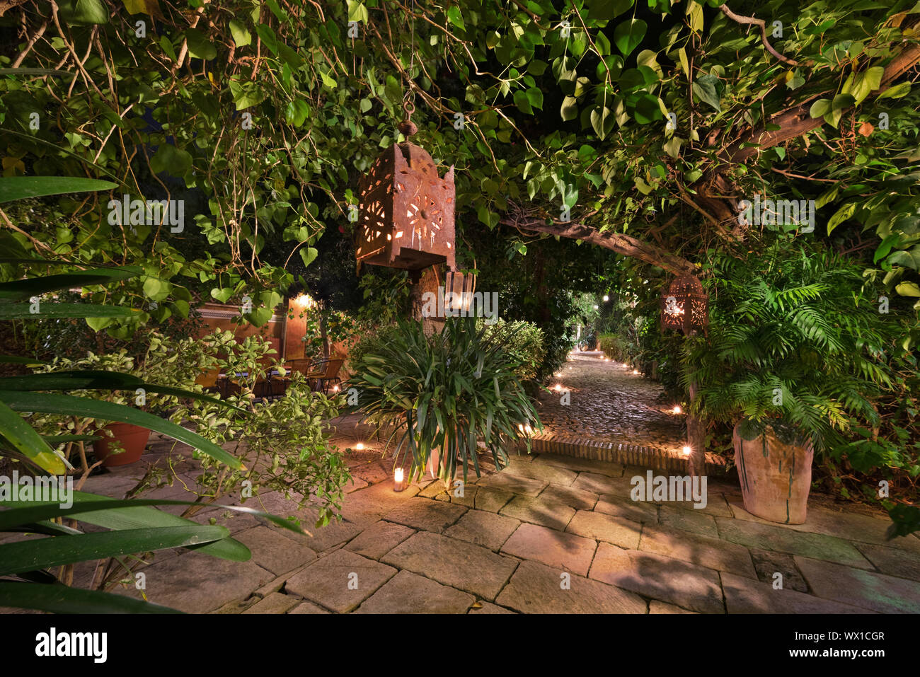 Scenic landscape of an arabic garden at night illuminated with candles