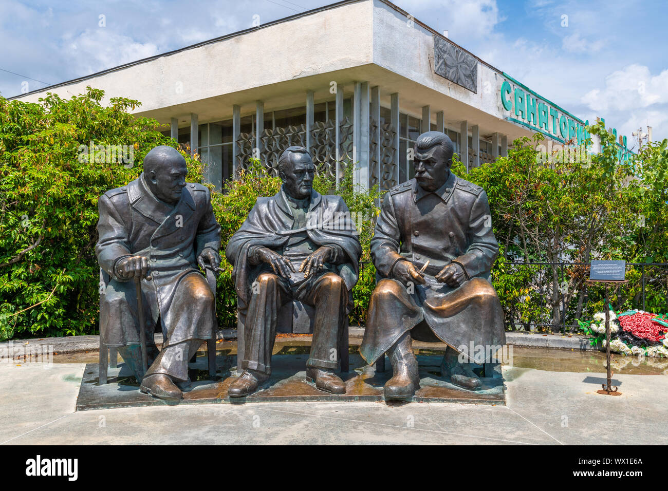 Livadia, Crimea - July 10. 2019. Monument to Stalin, Roosevelt and Churchill for anniversary of conference in Yalta in 1945 Stock Photo