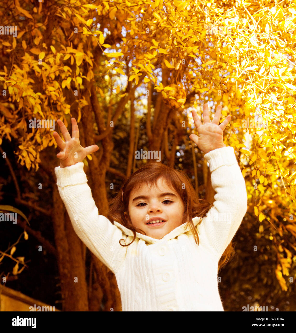 Photo of sweet small girl jumping in autumn forest, lovely female child playing on backyard, adorable little kid in warm sweater with raised hands hav Stock Photo