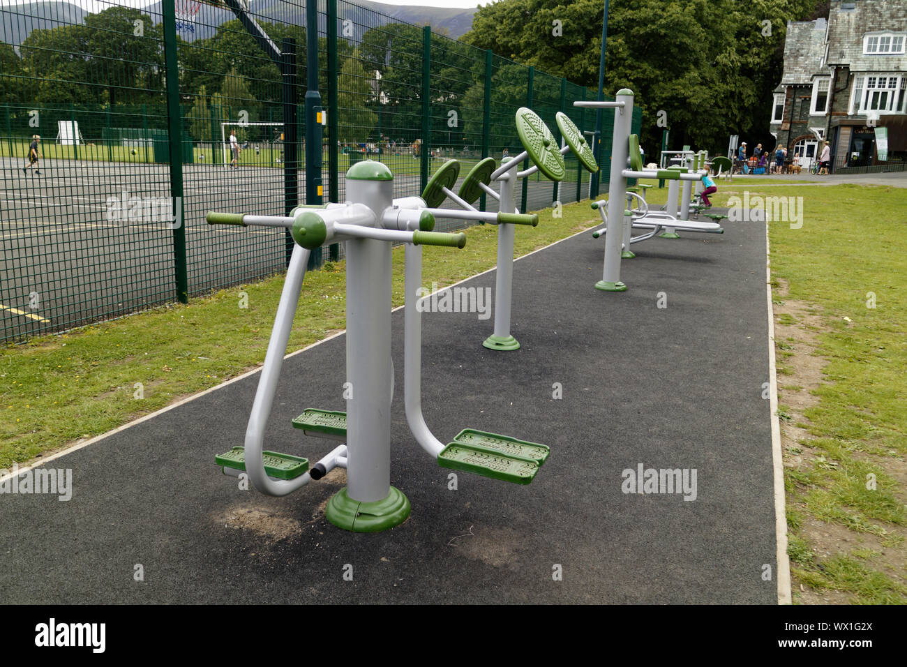 Exercise machines for public use ina park in Keswick, Cumbria, UK Stock Photo