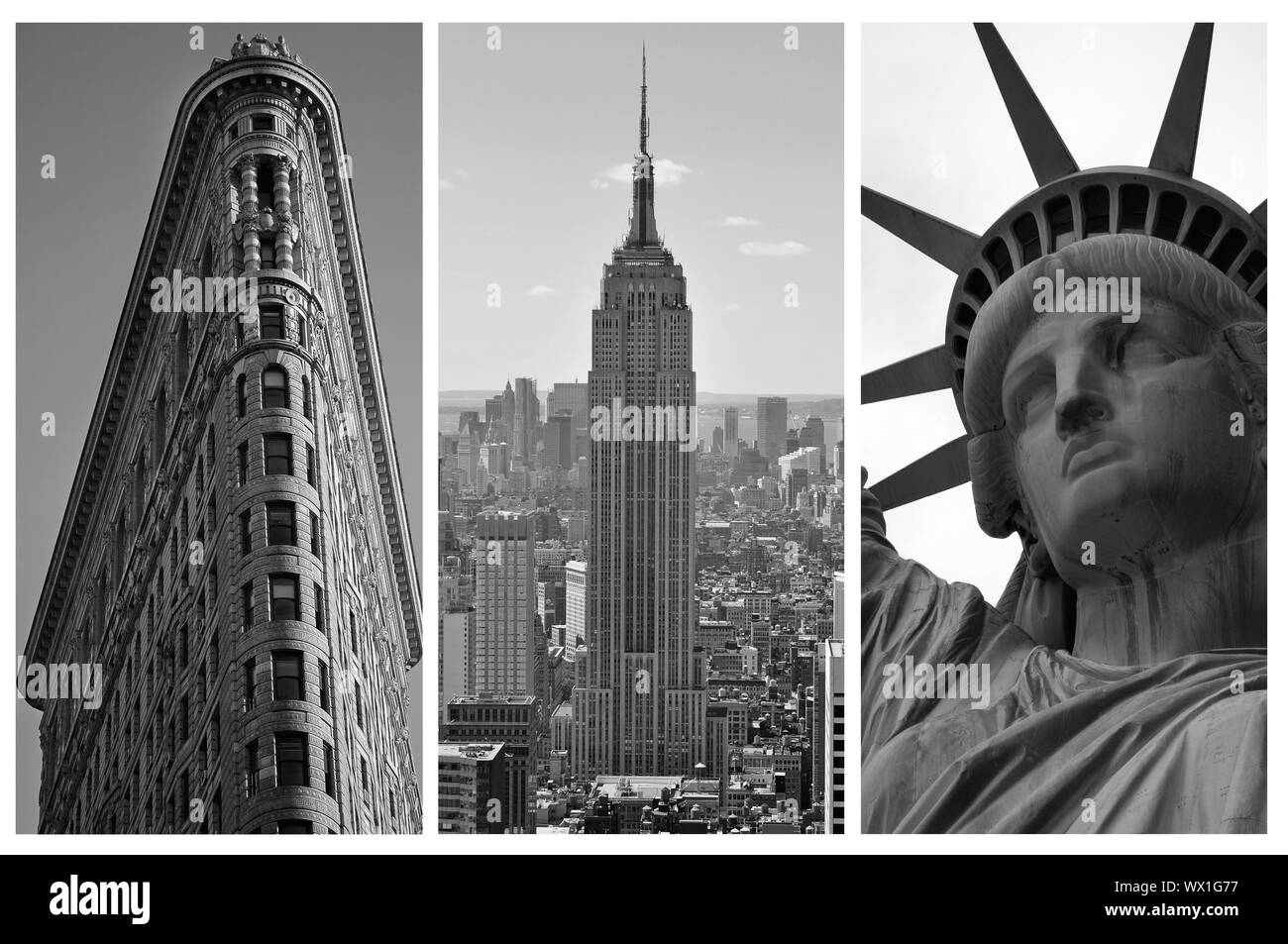 NEW YORK - SEPTEMBER 5: New York black and white triptych featuring the Flat Iron building, the Empire States Building and the Statue of Liberty, city Stock Photo
