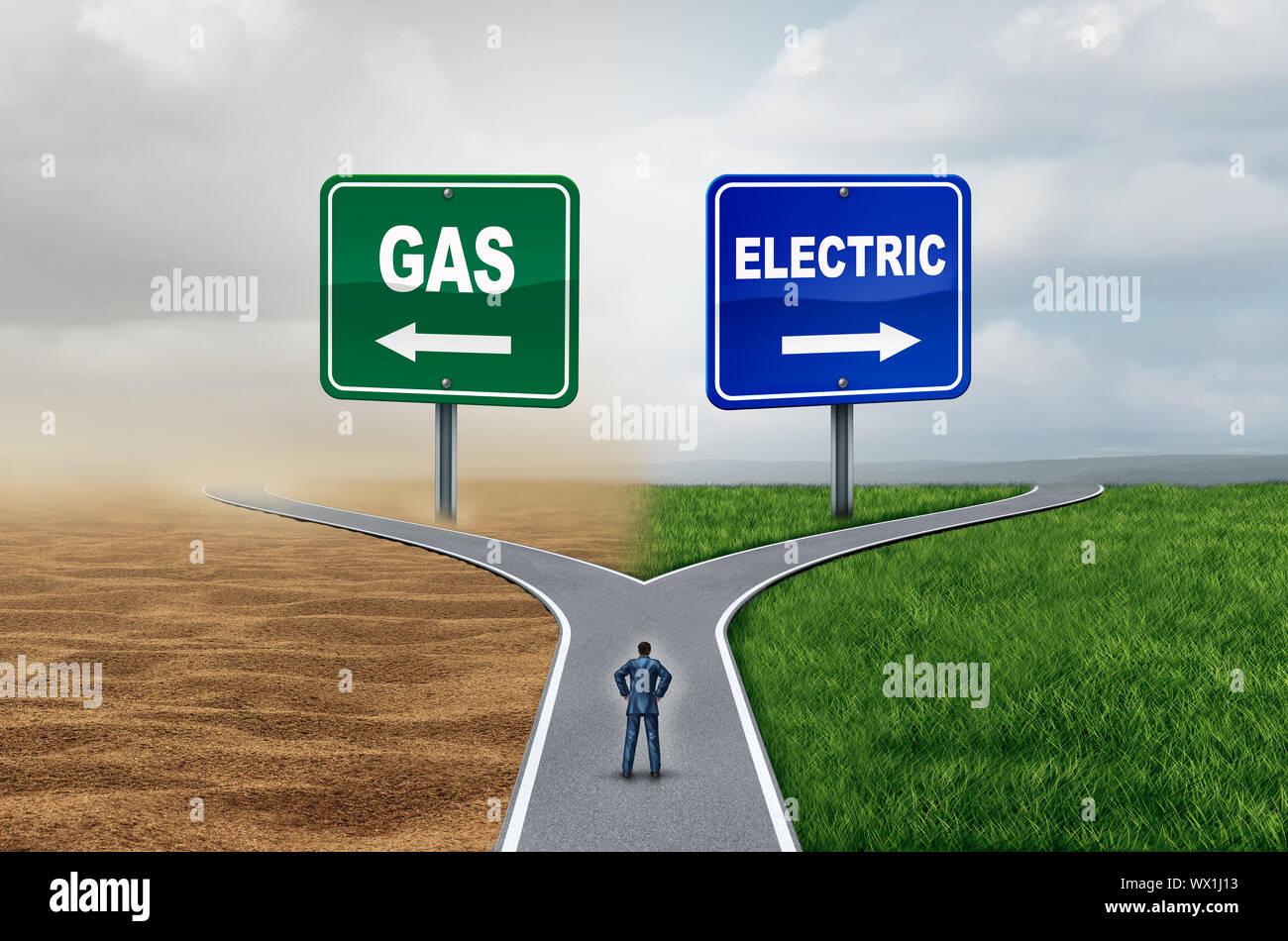 Gas vs electric energy transportation fuel concept as gasoline versus battery technology with 3D illustration elements. Stock Photo