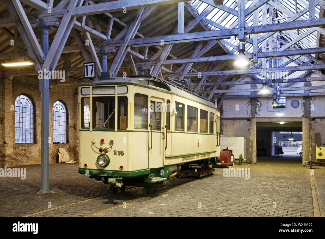 Old turning shop, interior view with old streetcar, Mulheim an der Ruhr, Germany, Europe Stock Photo