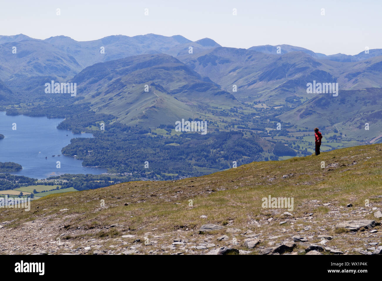 A young boy(7 yrs old) high on Skiddaw in the Lake District with Keswick and Derwent Water below Stock Photo