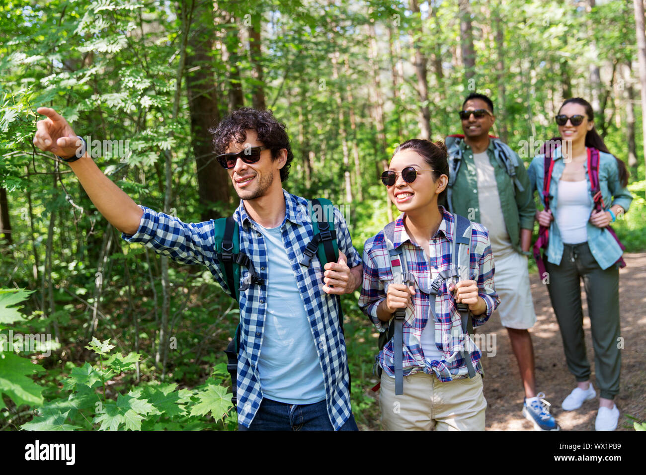 group of friends with backpacks hiking in forest Stock Photo - Alamy