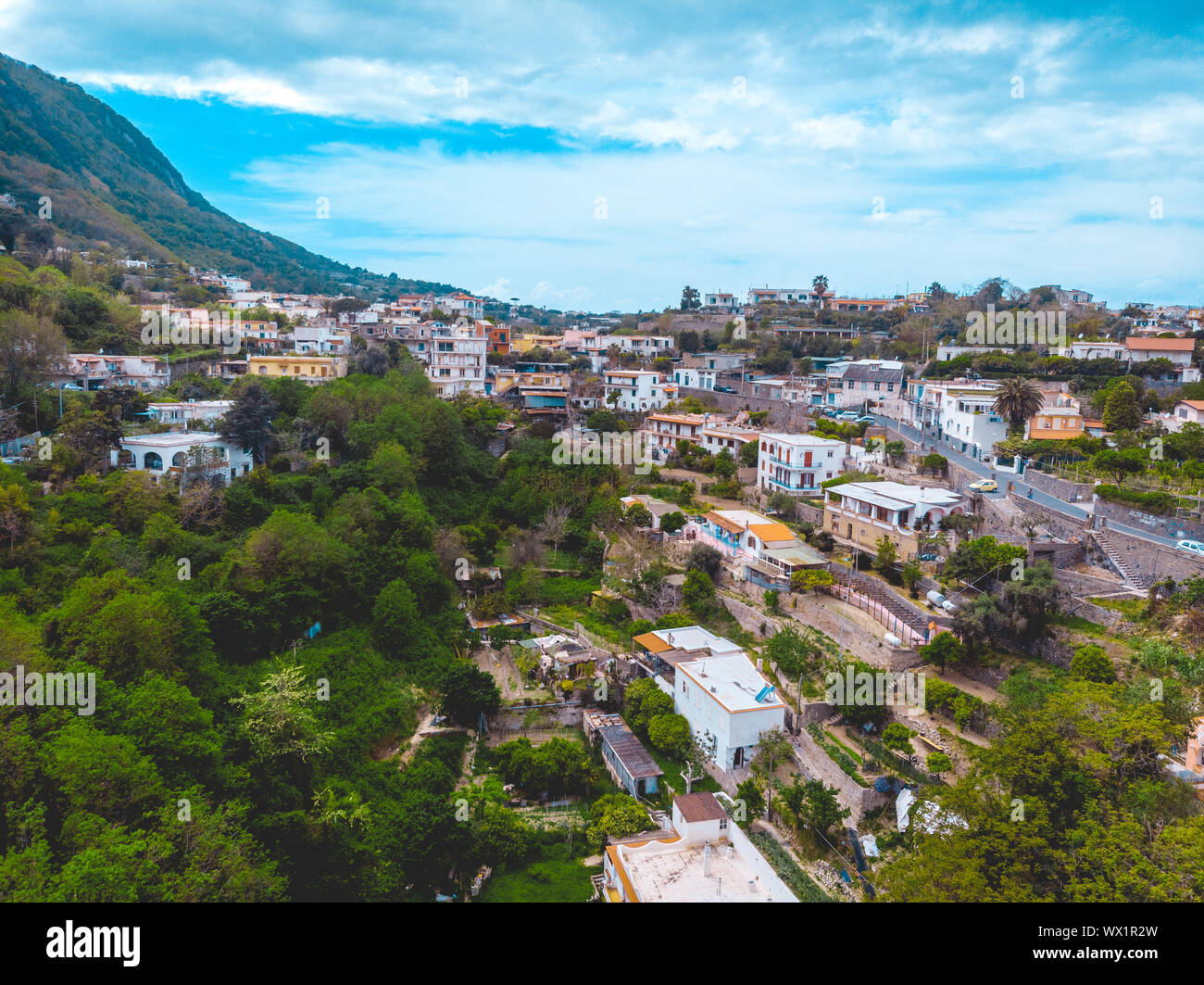 buildings in the mountains at ischia island from the drone view Stock Photo