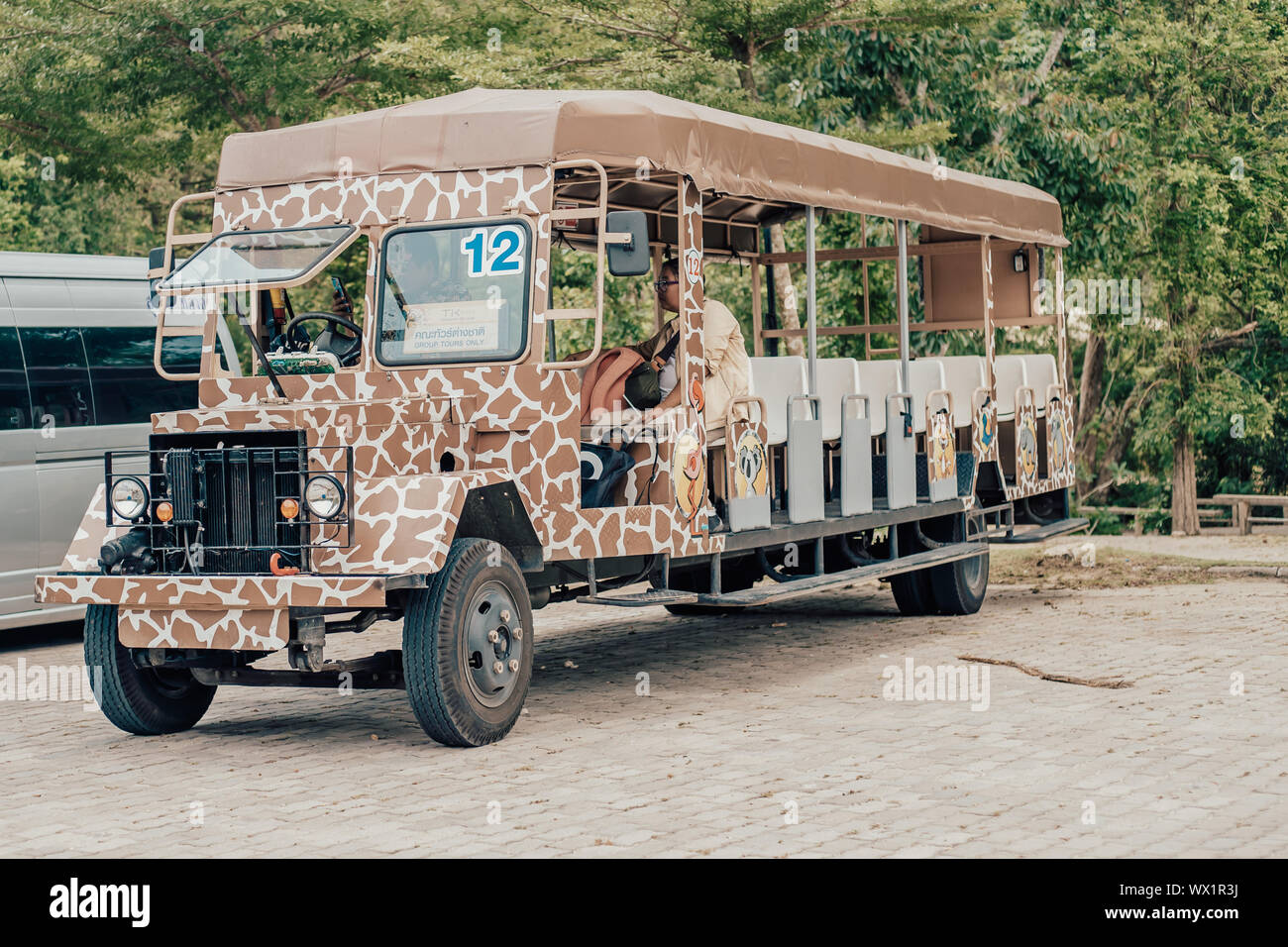 Pattaya, Thailand May 28, 2019 Jungle safari at a zoo. Safari car in