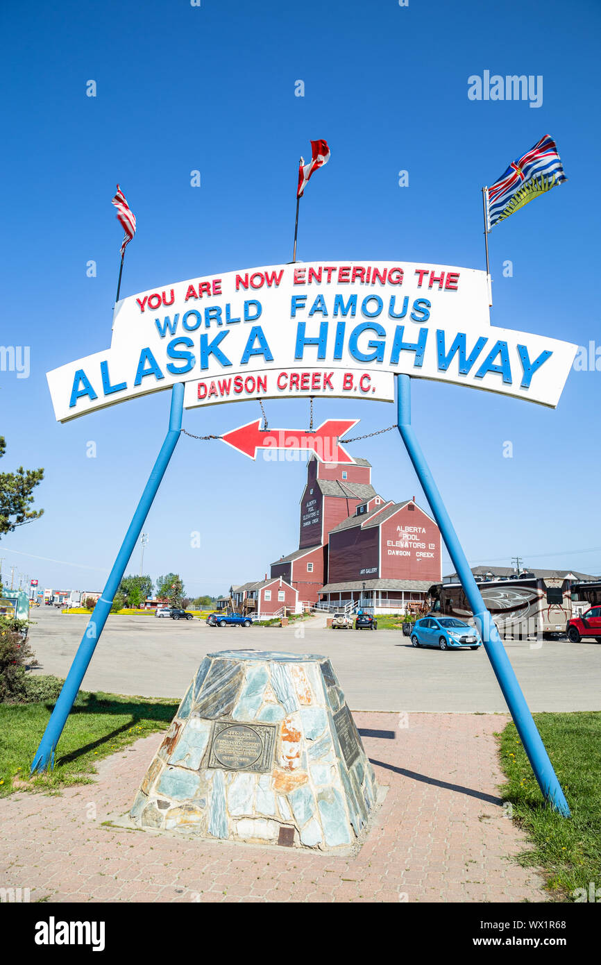 Alaska Highway sign, Mile 0 in Dawson Creek, British Columbia Stock Photo