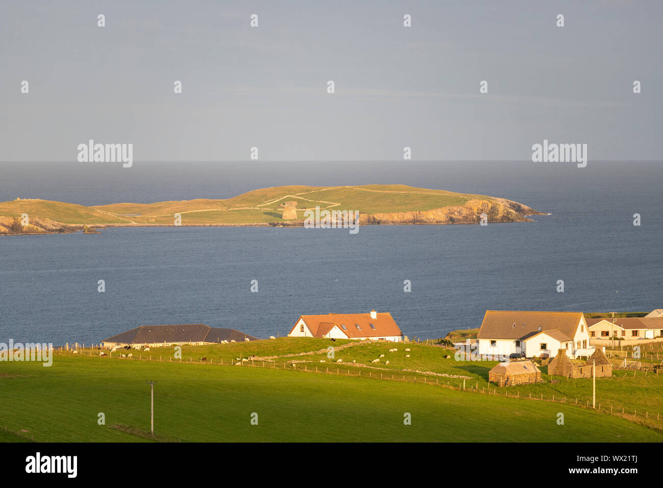 Broch of Mousa from Sandwick, Mainland, Shetland islands, Scotland, UK Stock Photo