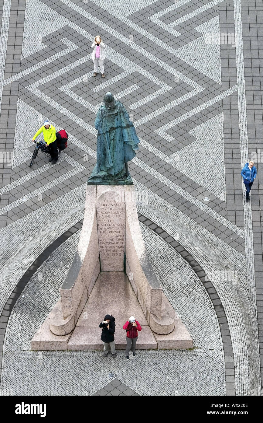 view from Hallgrimskirkja to the statue of Leif Erikson and tourists, Reyjavik, Iceland, Europe Stock Photo