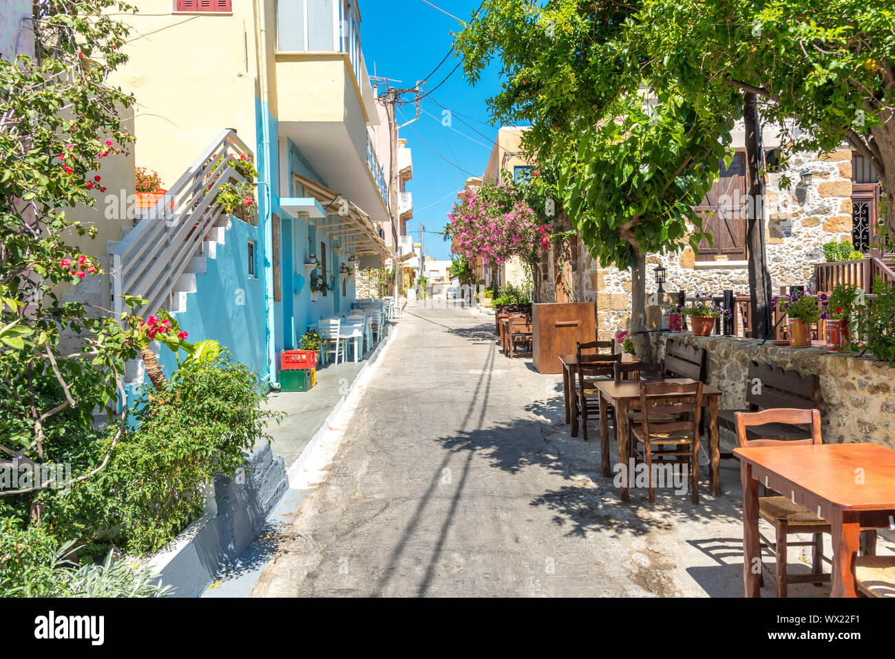 Gastronomy in the alleyways of the small town Paleochora in the south-west of Crete Stock Photo
