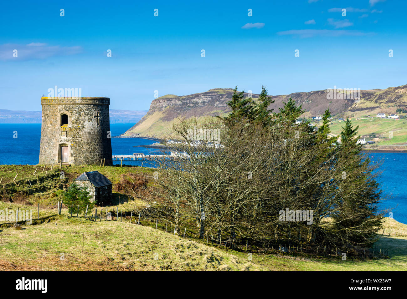 The Uig Tower (Captain Fraser's Folly), near the village of Uig, Uig Bay, Trotternish, Isle of Skye, Scotland, UK Stock Photo