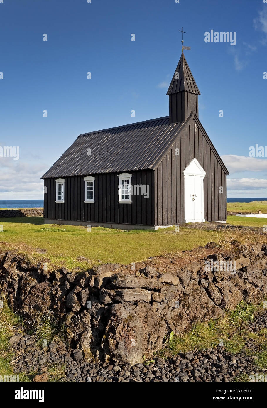 Black wooden church off Bergen, Budir Kirka, Budir, peninsula Snæfellsnes, Iceland, Europe Stock Photo