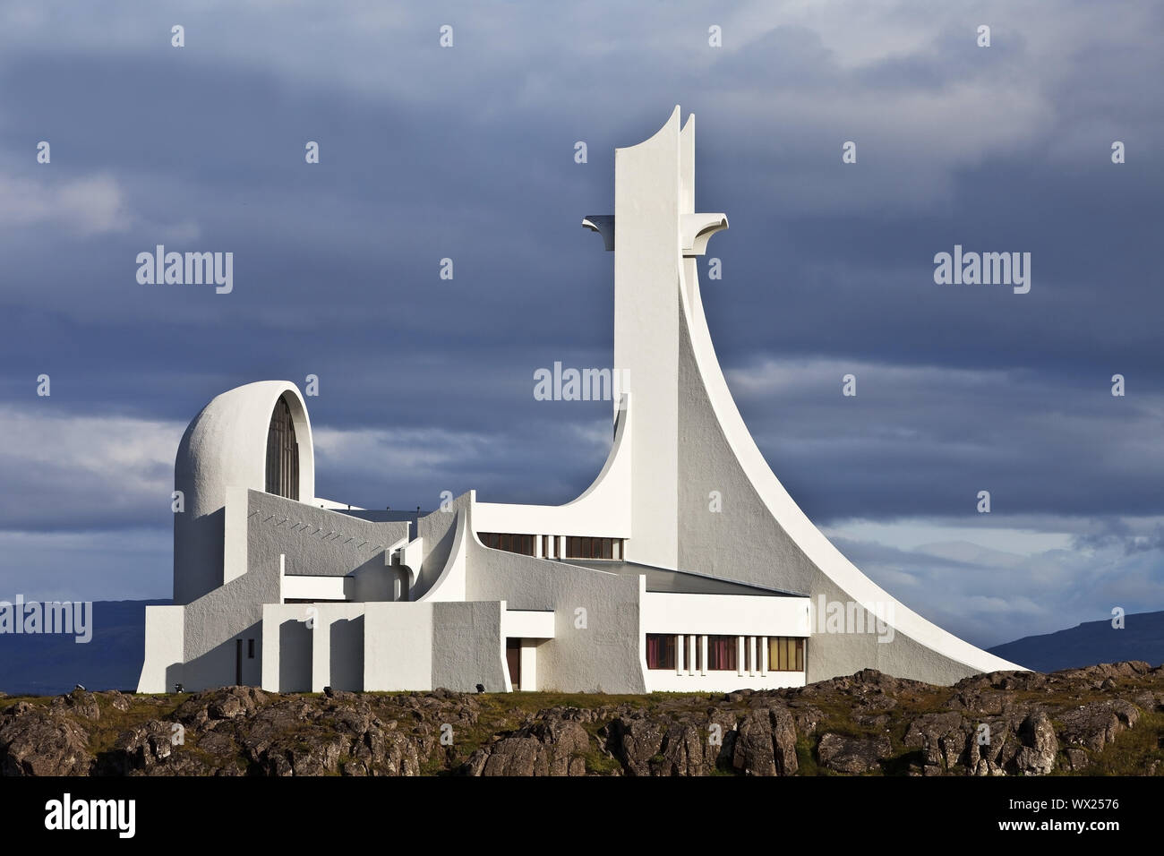 Modern white church, architect Jón Haraldsson, Stykkishólmur, peninsula Snæfellsnes, Iceland, Europe Stock Photo