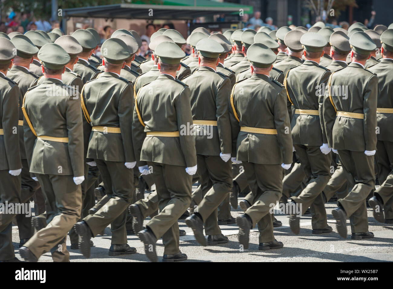 Army soldiers marching on military parade Stock Photo