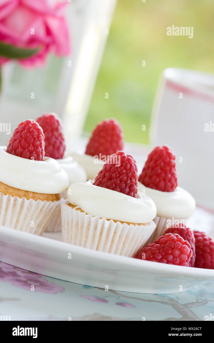 Mini cupcakes decorated with raspberries and fresh cream Stock Photo ...