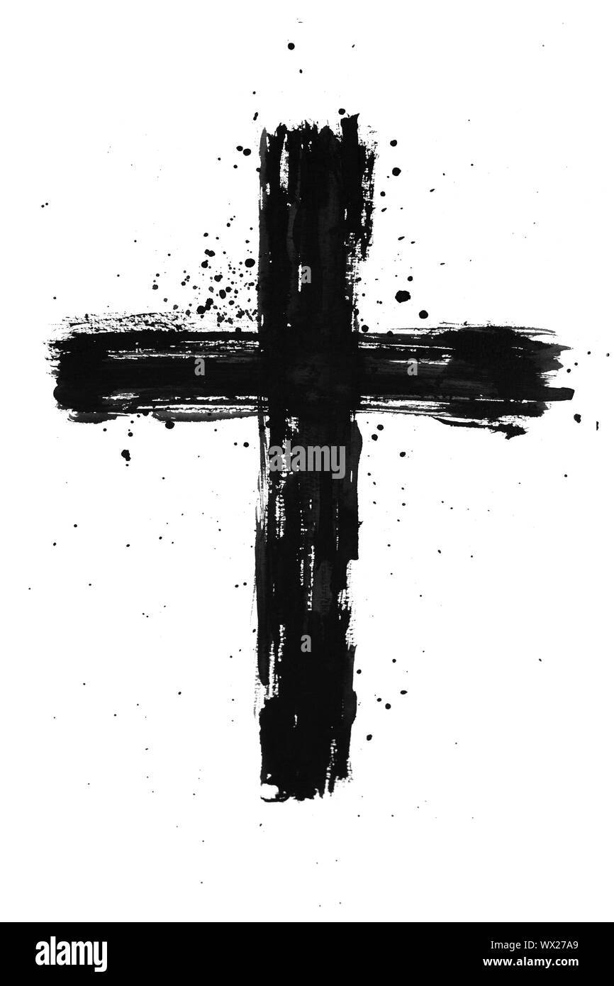 Hand painted black ink cross with brush stroke texture and splatter on isolated white background Stock Photo