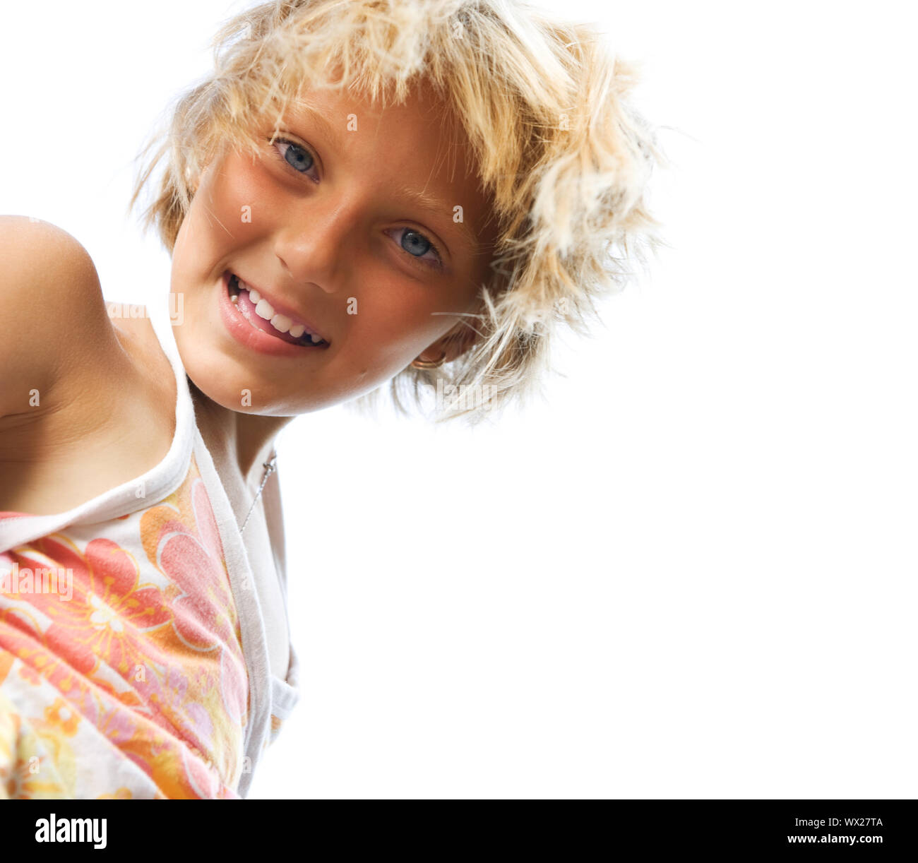 Happy Cute Little Girl Over Blue Sky Stock Photo - Alamy