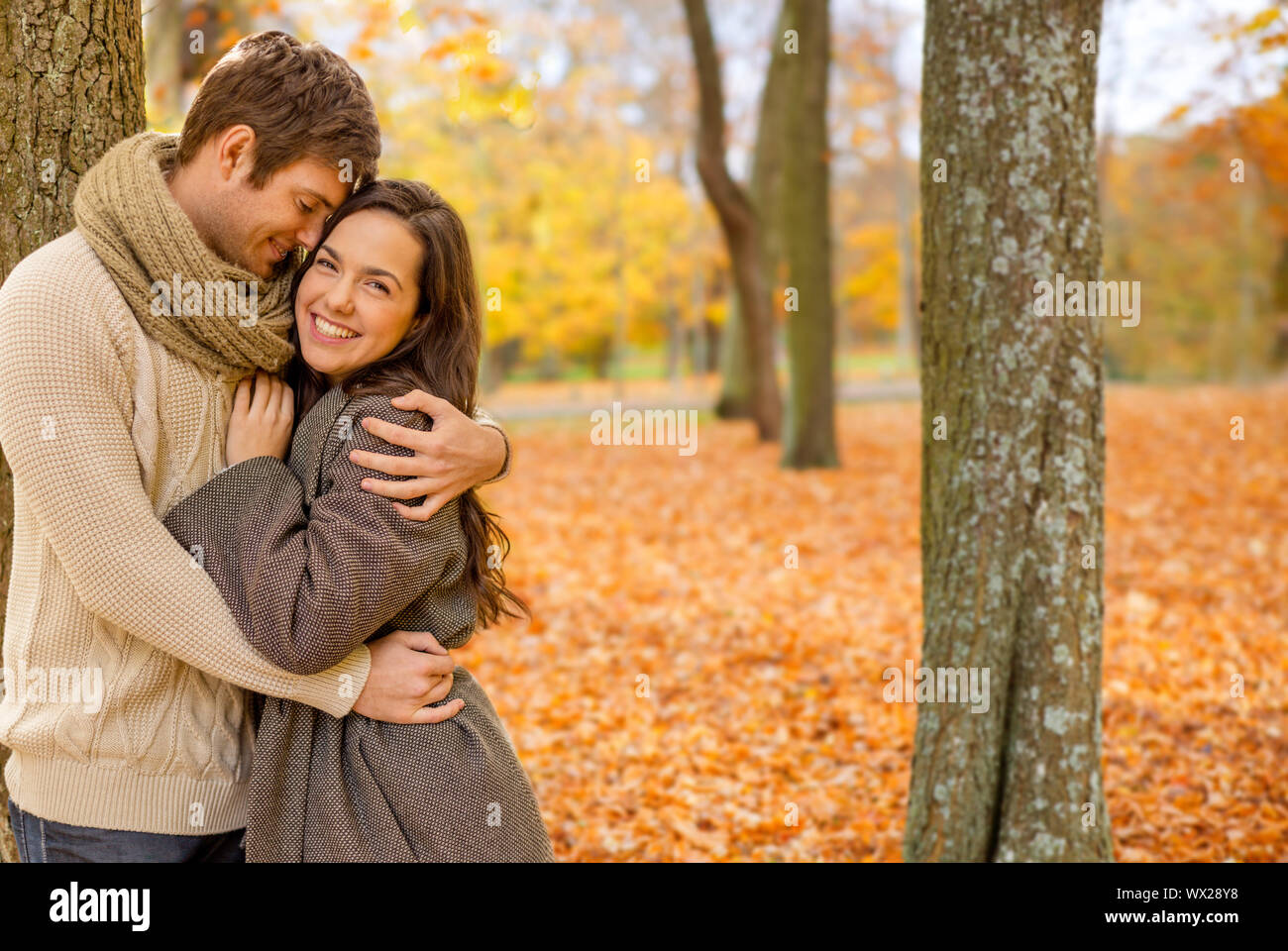 smiling couple hugging in autumn park Stock Photo - Alamy